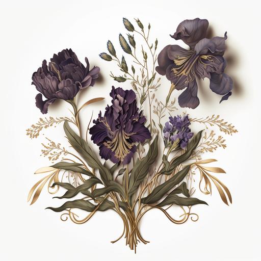 elegant illustration of a cluster of deep purple irises, hydrangeas green rosemary sprigs on a white background, and delicate gold details