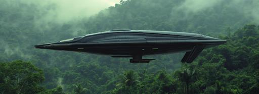 elegant minimalist but luxurious shiny black spaceship hovering above a raw dense green carboniferous prehistoric jungle, the spacecraft position is horizontal, the spacecraft fills just one fifth of the picture, located on the right side of the golden section, exact side view, the weather is cloudy, the sky is clear in the distance, it's drizzling rain, there is no mist --v 6.0 --ar 69:25