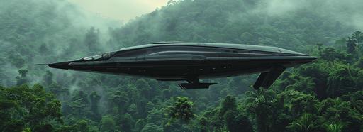 elegant minimalist but luxurious shiny black spaceship hovering above a raw dense green carboniferous prehistoric jungle, the spacecraft position is horizontal, the spacecraft fills just one fifth of the picture, located on the right side of the golden section, exact side view, the weather is cloudy, the sky is clear in the distance, it's drizzling rain, there is no mist --v 6.0 --ar 69:25