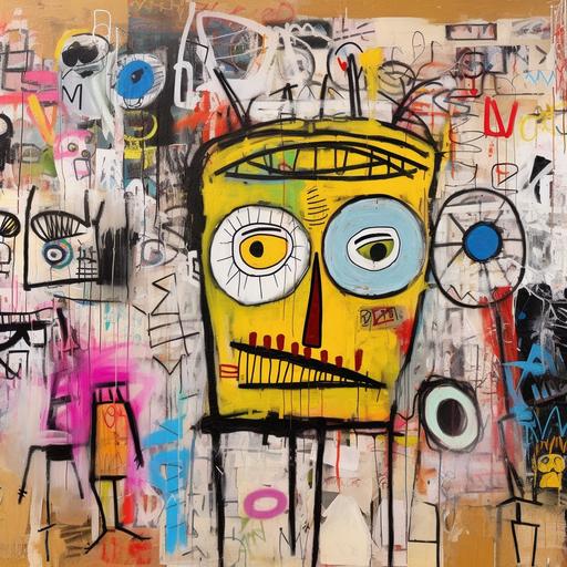 elephant-eared, big-eyed cartoon characters against backdrops adorned with doodles and scrawl of spontaneous marks, style Jean-Michel Basquiat, Cy Twombly, a Mixed media on paper 70 × 50 cm, Drawing, Collage or other Work on Paper. --s 250 --v 5.1