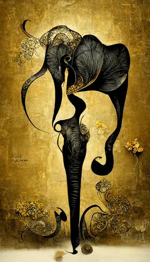 elephant with very long legs and tusk, abstract, art nouveau, black and gold, wallpaper, --ar 9:16