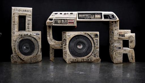 1980's boombox built out of 3d typography, dimensional letterforms building a ghettoblaster, sitting on a concrete floor, ultra realistic, high detail, 8k --ar 16:9