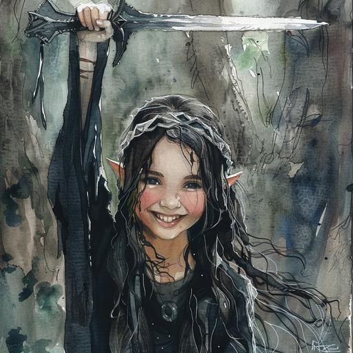 elf child priestess of the raven, black smooth long hair, metal headband, dark clothes, smiling, holding up a silver sword, character art, watercolour painting, happy atmosphere
