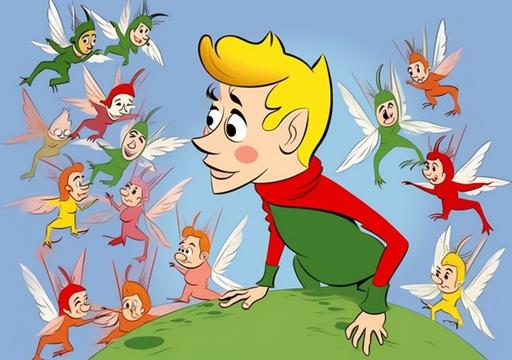 elf looking for the end of the 🌈 . 1950s cartoon in the style of Hanna-Barbera. --stylize 12 --ar 30:21