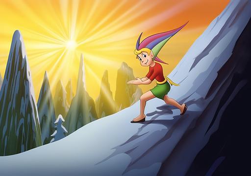 elf looking for the end of the 🌈 . 1950s cartoon in the style of Hanna-Barbera. --stylize 12 --ar 30:21