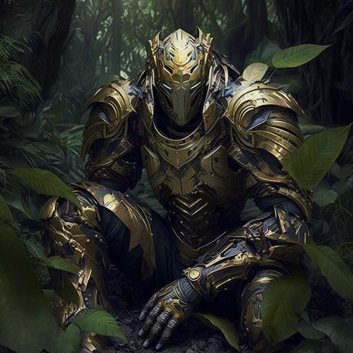 elfos espaciales con armadura ceñida de color hueso y oro. cortando follaje en selva alienígena, mientras en una rama hacecha un depredador alienígena