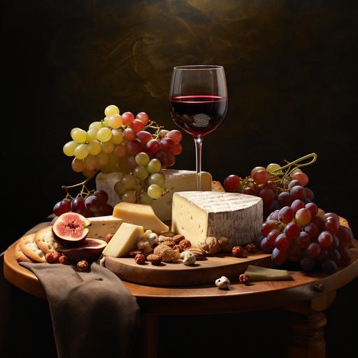 a tabel with legs and wine cheese and fruts on it
