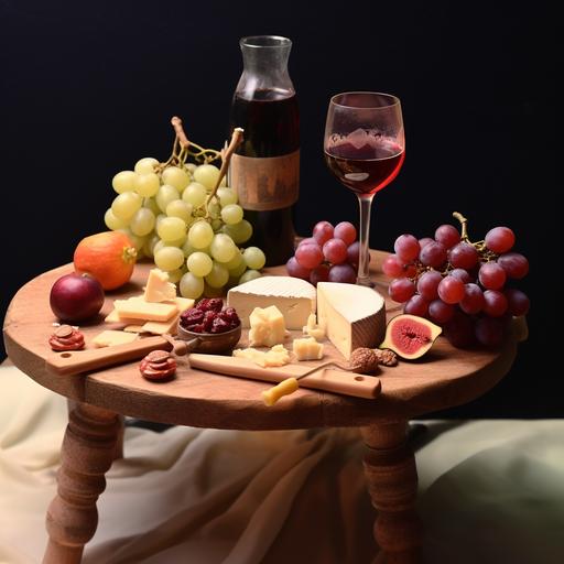 create a tabel with legs and wine cheese and fruts on it all made Colored plasticine