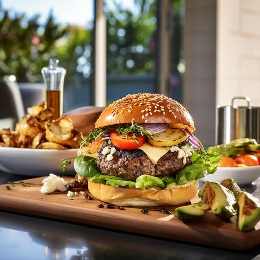 elk burger with sides,food photography, full view, 45 degree view, in a modern west coast kitchen, ultra detailed, 8k, clean   cinematic shot, 50mm at F 1. 2 aperture, , soft sunlight falling on the subject