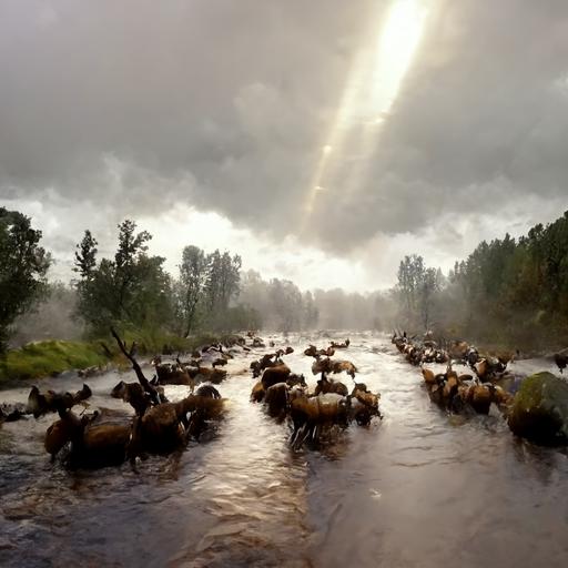 elk herd crossing river in gentle rain with god rays realistic unreal engine