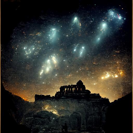 ellora caves in snowcapped mountains with galaxies