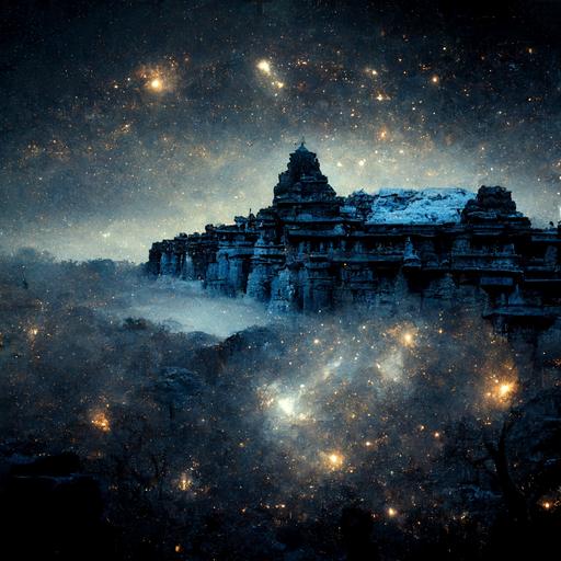 ellora caves in snowcapped mountains with galaxies