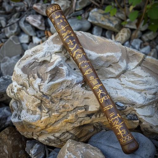 elm wood branch wand of a master magus, inscribed with gold runes and power symbols