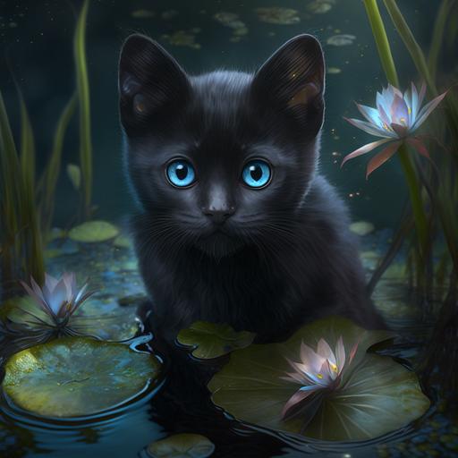 black kitten with blue eyes on a water lily in a swamp, hiper realistic, vantablack, adorable kitten, magic ilumination --v 4 --s 750