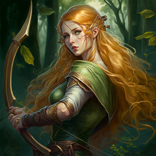 elven woman archer, golden hair, green eyes, woodland garb, kneeling, bow bent, arrowing pointing, long hair