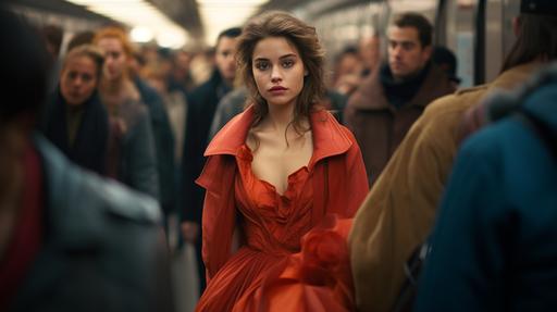 embarrassed woman stares at the floor, she stands in a crowd of commuters on a Subway platform, it's the morning after the night before, she still wears a dirty Faerietale couture ball gown, candid cinematic photograph, incredible detailed cinematic realism, sharp with depth of field and bokeh --ar 16:9 --v 5.2