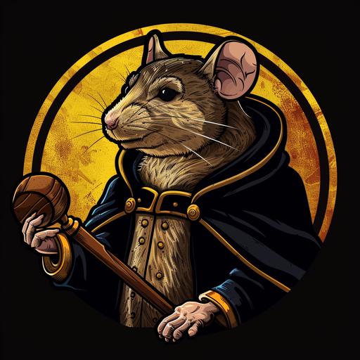 emblem of a rat in judge attire holding a gavel, symbol, team logo, venerable rat team logo, symbol