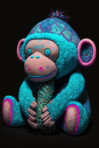 embroidered and beaded vaporwave monkey plush, ultra photorealistic, 3d octane render --ar 2:3 --v 4