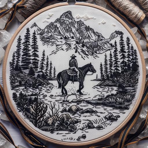 embroidery inspired by red dead redemption 2 arthur morgan illustration linework black and white forest mountains landscape cowboy walking horse nature beautiful moody --v 6.0