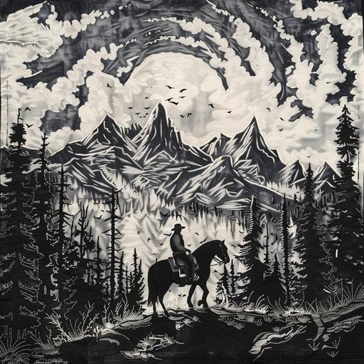 embroidery inspired by red dead redemption 2 arthur morgan illustration linework black and white forest mountains landscape cowboy walking horse nature beautiful moody --v 6.0