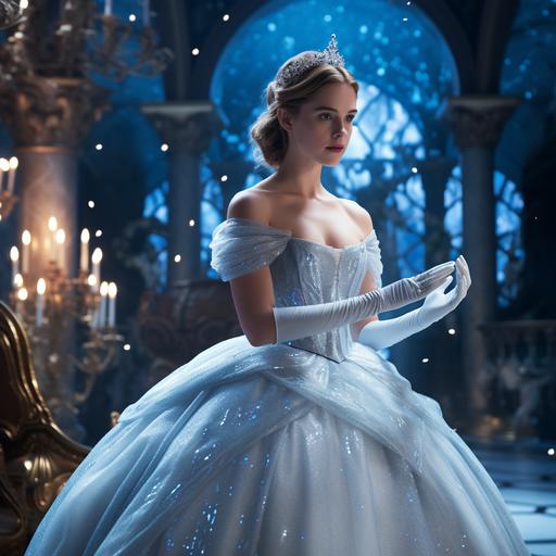 emma watson as cinderella wearing diamond gloves and diamond dress and diamond high heels