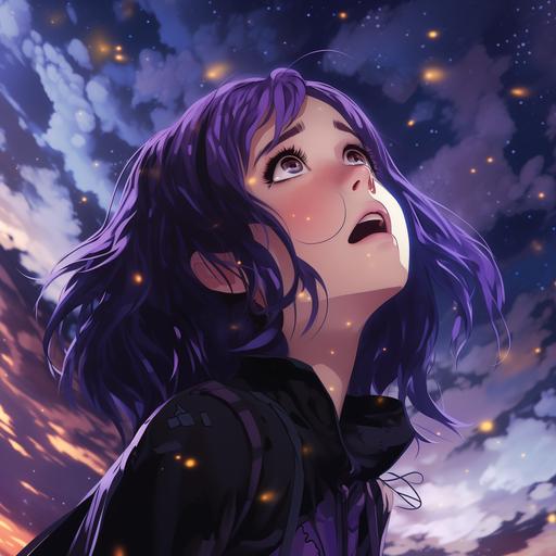 emo anime girl with purple hair ascending into another dimension, anime, studio ghibli, kyoto animation face, crunchyroll, funimation