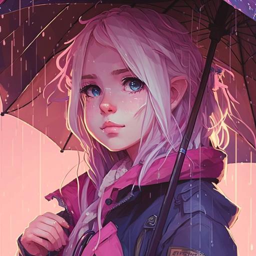emo blonde uwu girl wearing all pink leather in the rain under a pink umbrella, gloomy overcast day, blue hour, 90s anime