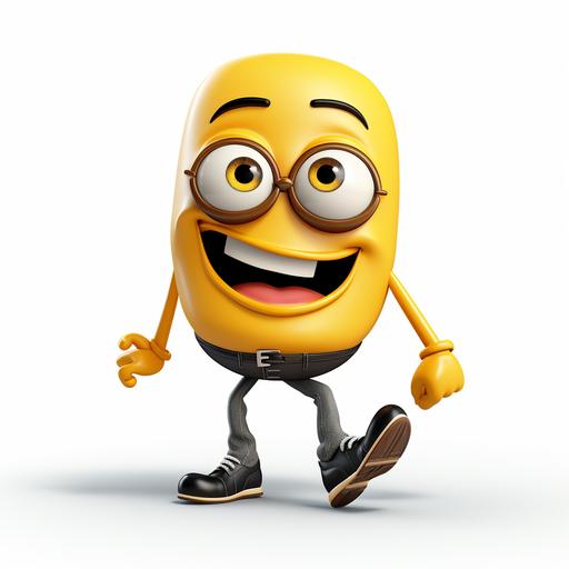 emoji cartoon character with legs, full body, yellow, round,different poses, walking down a street