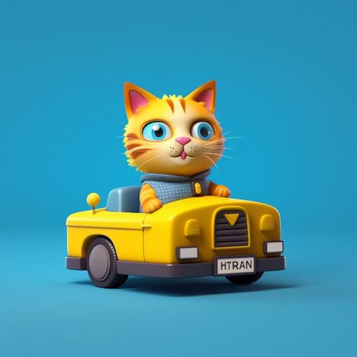 emoji farmer cat in yellow taxi, 3d render, blue background