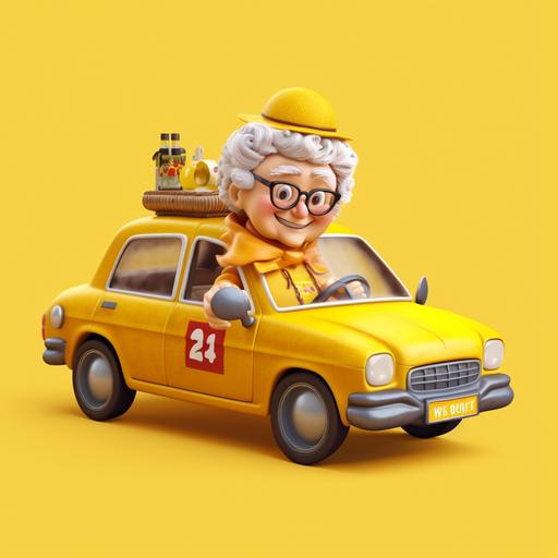 emoji grandma in taxi, 3d render, yellow background