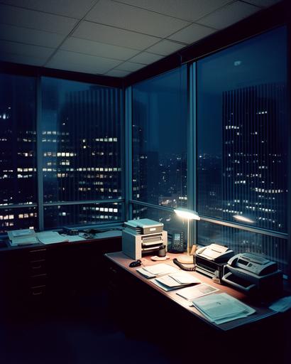 empty 1980s wall street office at night time, with a window to the new york skyline at night. with fuji velvia color slide film, cinematic, Leica MP camera, Leica 35mm lens, f/1.4, features, hyperrealist photography, clean sharp focus, accent lighting, analogue photography, fashion High-sharpness, Alex Webb style, 8k --ar 4:5 --stylize 750 --v 5.0