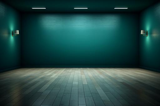 empty blue empty room with wooden floor and spotlight, in the style of bess hamiti, light silver and dark green, uhd image, minimalist sets --ar 3:2