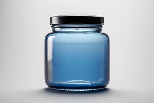 empty glass jar with a label in the center photo, in the style of contact printing, velvety brushwork, clean and sharp inking, light gray and dark azure, quadratura, meticulous inking, pure color --ar 128:85