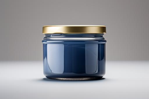 empty jar with a label on the top, in the style of contact printing, velvety brushwork, light gray and dark blue, pure color, kodak gold, transparent/translucent medium, quadratura --ar 128:85