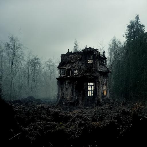 empty overgrown house in ruins, dark forest, fog, mud, bog, dark figure in window