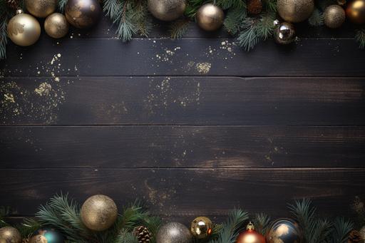 empty page with christmas baubles. background with space for another message, in the style of chalk, uhd image, detailed foliage, dark brown and black, cabincore, cardboard, matte photo --ar 3:2