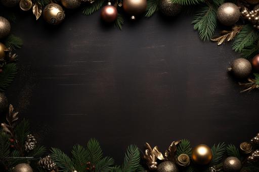 empty page with christmas baubles. background with space for another message, in the style of chalk, uhd image, detailed foliage, dark brown and black, cabincore, cardboard, matte photo --ar 3:2