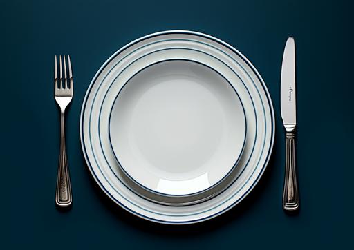 empty plate with a fork and a knife, in the style of cfa voysey, layered translucency, dark sky-blue and light white, strong lines, careful framing, double lines, canon af35m, simple flat vector logo, top down view --ar 128:91