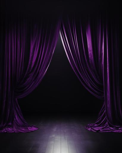 empty room black shiny floors wall covered in purple velvet draping fabric curtains monochromatic --ar 4:5