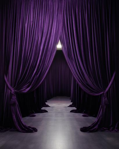 empty room black shiny floors wall covered in purple velvet draping fabric curtains monochromatic --ar 4:5