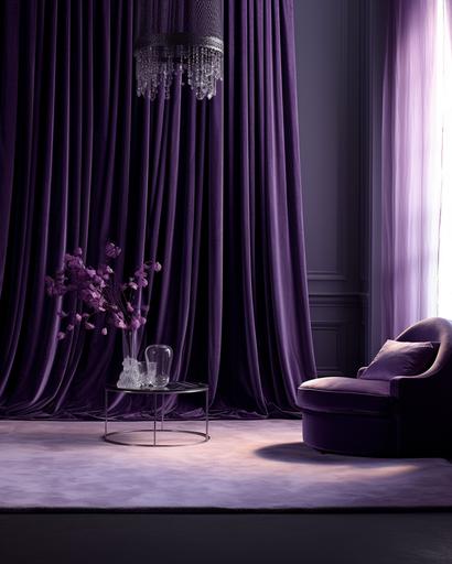 empty room lavender wall black shiny floors purple velvet drapes curtains monochromatic --ar 4:5