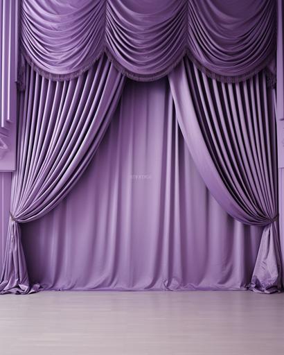 empty room lavender wall black shiny floors purple velvet drapes curtains monochromatic --ar 4:5