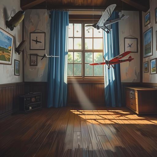 empty room. The room has a wood floor. There is a window with blue curtains hanging down to the floor. There are model airplanes hanging from the ceiling. The bedroom has framed pictures on the wall of hand drawn airplanes. Photo realism, photo realistic,details