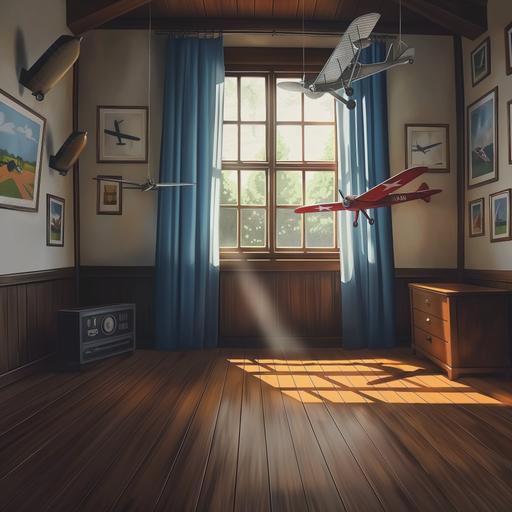 empty room. The room has a wood floor. There is a window with blue curtains hanging down to the floor. There are model airplanes hanging from the ceiling. The bedroom has framed pictures on the wall of hand drawn airplanes. Photo realism, photo realistic,details