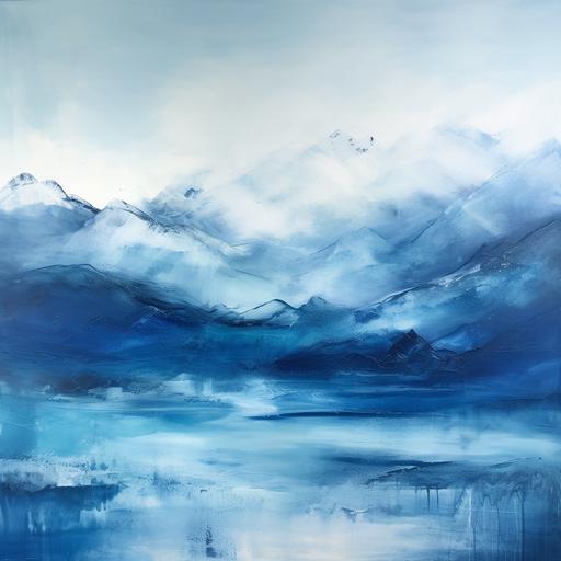 encaustic abstract art, mountain landscape in shades of blue