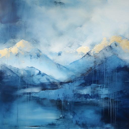 encaustic abstract art, mountain landscape in shades of blue