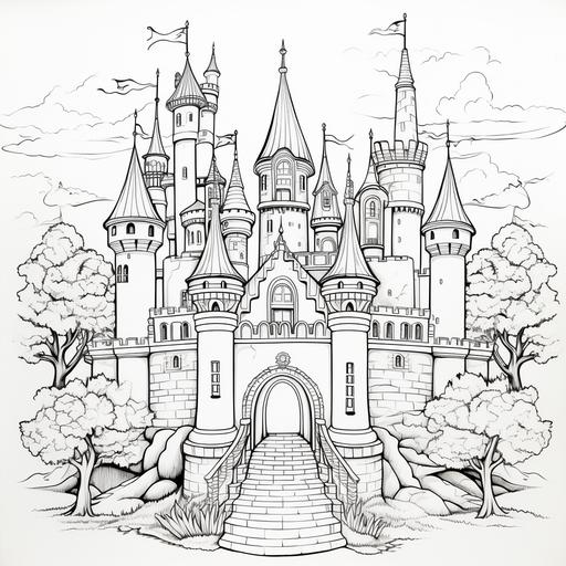 enchanted princess castle colouring page, black and white, black lines, white background