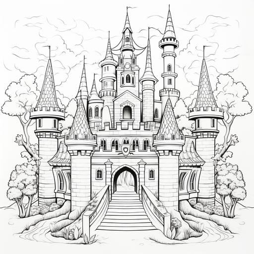 enchanted princess castle colouring page, black and white, black lines, white background