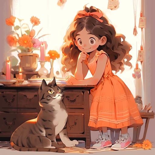 enchanting scene of a thoughtful 5-year old girl brainstorming guests for her cat's party. The background is a 5-year old room capturing the atmosphere of curiosity and planning, using colors from the Zorn palette, in the style of Art Nouveau, detailed background, potted flowers, calendars, orange and pink ribbons, dramatic lighting --seed 3614967234 --ar 8:8 --s 250 --niji 5