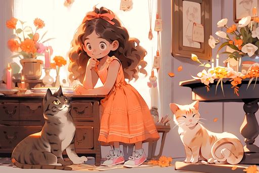 enchanting scene of a thoughtful 5-year old girl brainstorming guests for her cat's party. The background is a 5-year old room capturing the atmosphere of curiosity and planning, using colors from the Zorn palette, in the style of Art Nouveau, detailed background, potted flowers, calendars, orange and pink ribbons, dramatic lighting --s 250 --niji 5